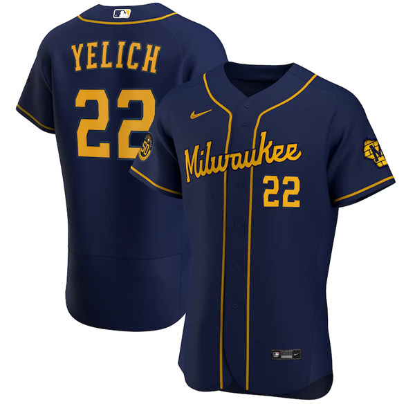Men's Milwaukee Brewers #22 Christian Yelich Navy Alternate 2020 Stitched Jersey